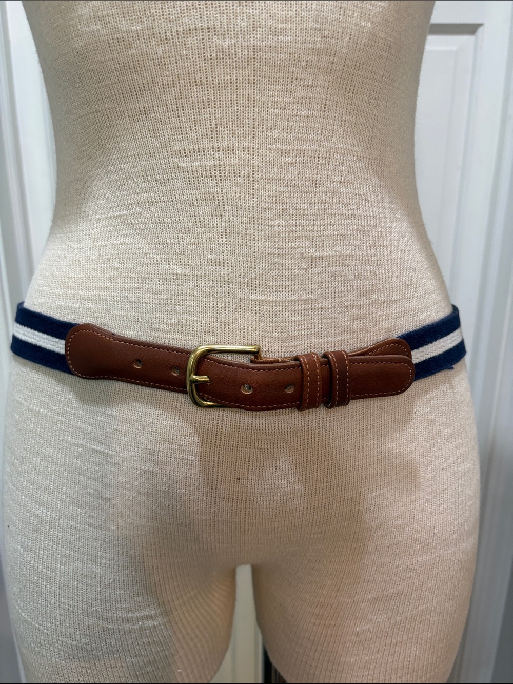 Coach natural linen and leather blue and white belt with gold buckle